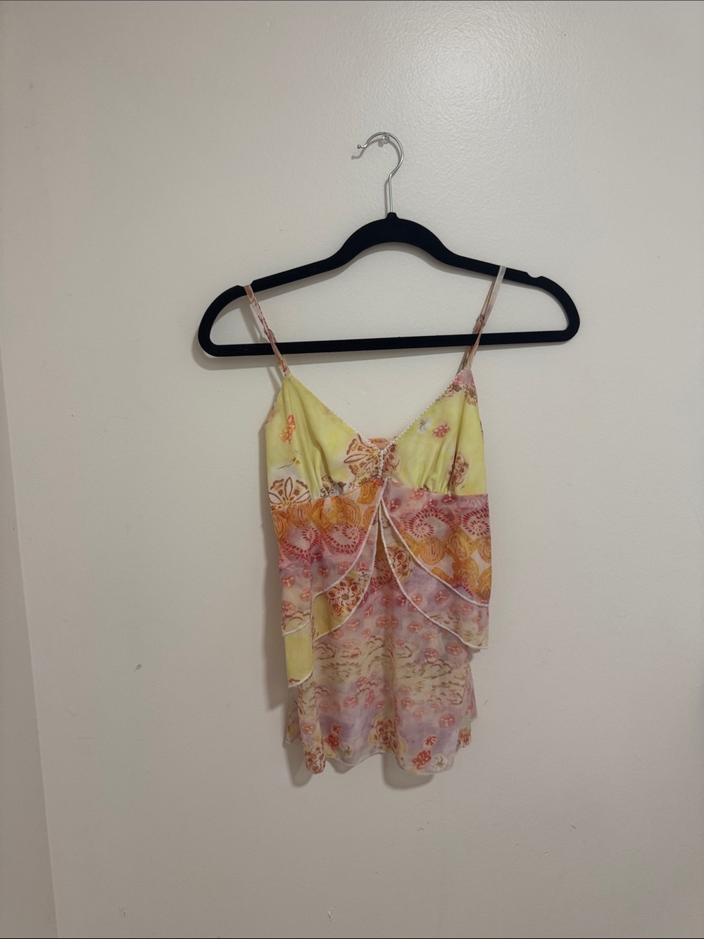 SHEIN Yellow and Pink Floral Tiered Chiffon Cami